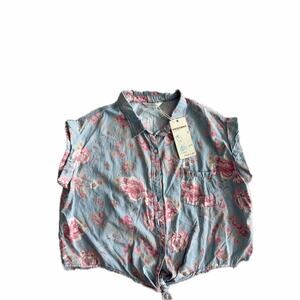 New HIGHWAY Floral Tie Front Short Sleeve Button Shirt Blue Pink Women's Large